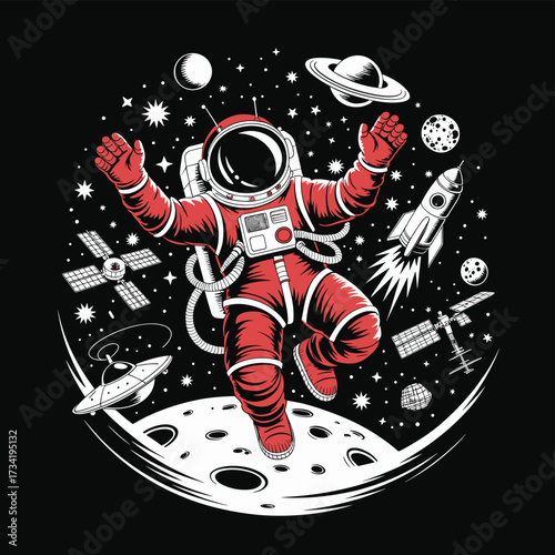 Dynamic Astronaut in Red Suit Floating in Space