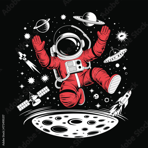 Dynamic Astronaut in Red Suit Floating in Space