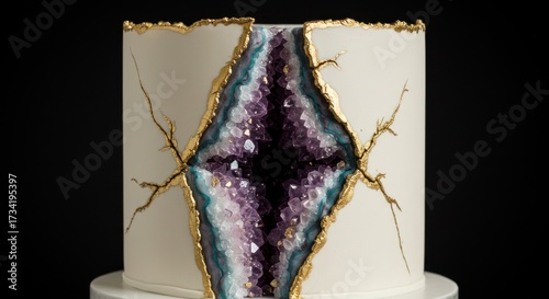 A geode cake, creamy white, split open