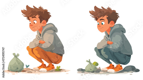 Young Boy Collecting Garbage - Environmental Awareness Concept