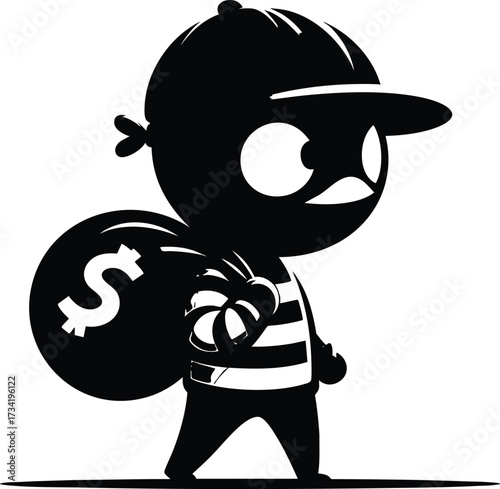 Funny Thief cartoon carrying a large sack of money vector illustration isolated on white background