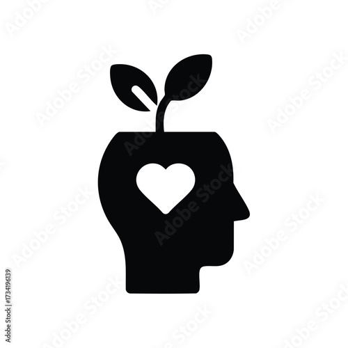 Silhouette of a human head with a heart inside and a sprouting plant emerging from the top symbolizing growth and mental well-being