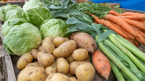 Freshly Harvested Vegetables Display: Cabbage, Potatoes, Carrots, and Leeks on Rustic Wooden Surface, Showcasing Farm-Fresh Produce and Natural Textures for Healthy Eating and Culinary Inspiration