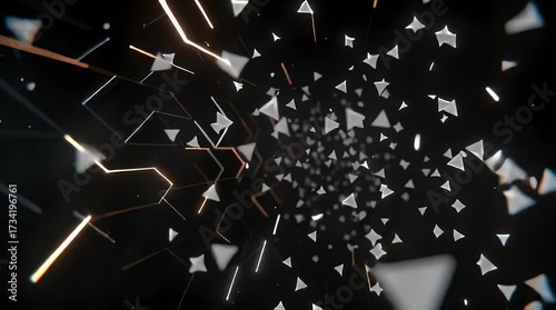 Abstract geometric pattern with glowing lines and exploding particles in a dark space, representing data and technology.