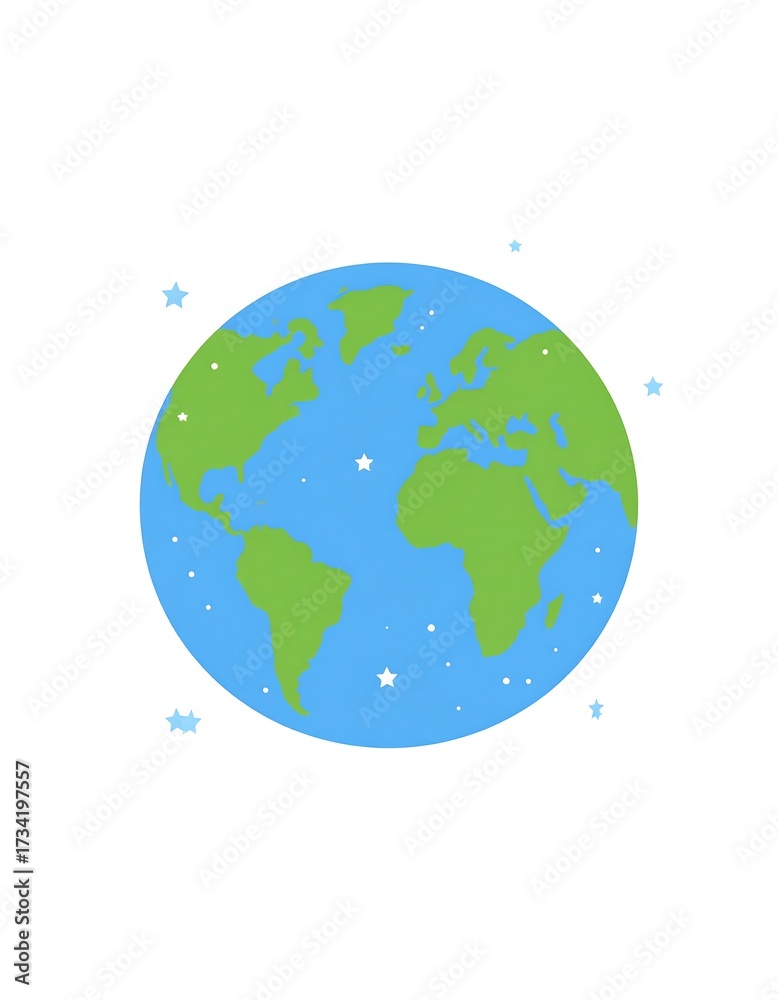 Fototapeta premium A colorful planet Earth illustration, displayed against a plain white background, depicts continents in various shades of green and blue, with scattered stars, showcasing a simple, yet effective...