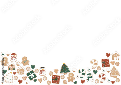 Christmas cookie pattern background, festive wallpaper with random arrangement from bottom to center