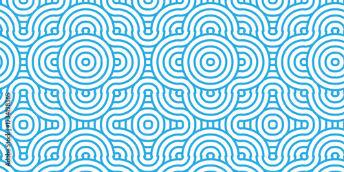seamless pattern with blue wave overlapping circles fabric textile design wallpaper. geometric spiral diagonal repeating wave concept textile texture. 	