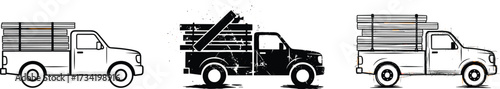 Pickup truck illustrations set, cargo transport icons, black and white utility vehicle graphics, construction and tool load designs