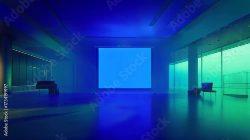 Empty Modern Office with Green Screen and Piano, Room with Green Lighting