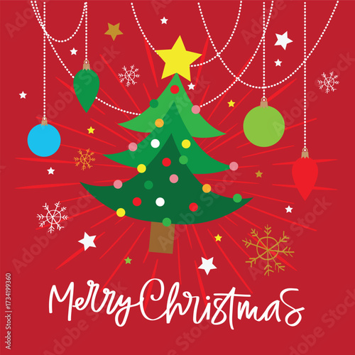 christmas tree ornament and snowflakes with merry christmas text and red background
