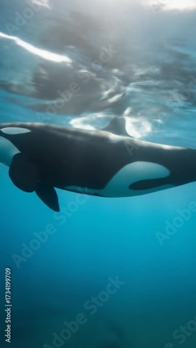 General Nature & Environment Orcas Swimming Beneath the Ocean Surface in a Dynamic Formation