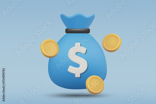 3D vector illustration render of money bag with gold coins floating around. Concept of wealth, savings and investment, finance, economy, banking, online marketing, success, business growth.