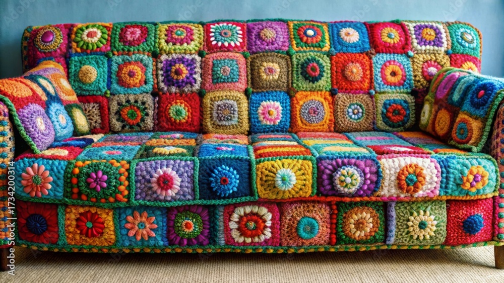 Fototapeta premium A vibrant, handcrafted crocheted sofa featuring a multicolored patchwork design of square granny squares, showcasing a spectrum of yarn colors and intricate floral motifs.