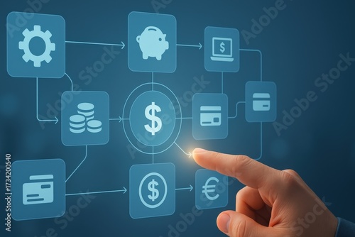 Wallpaper Mural Detailed visual depicts a financial concept with a hand touching a screen displaying interconnected icons, money symbols, and other related elements, suggesting a process involving banking and... Torontodigital.ca