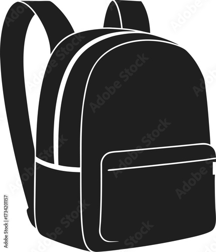 A black silhouette of a backpack with white outlining on a white background