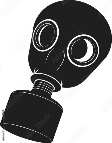 Black gas mask illustration on a white background showing filter and eye lenses