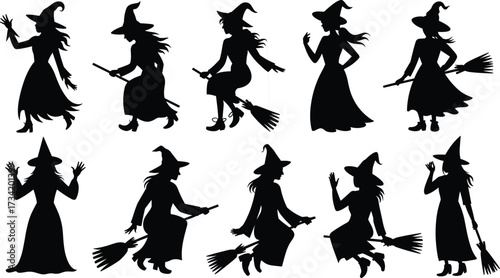 Halloween witch silhouette set, flying broomstick, spooky costume, magical character, enchanted design, gothic illustration, scary shadow, mystery, fantasy, sorcery, celebration
