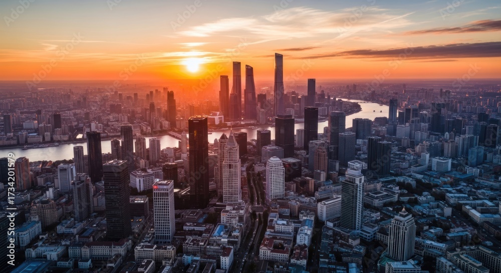Obraz premium Spectacular Shanghai skyline at sunset showcasing urban architecture and vibrant city life