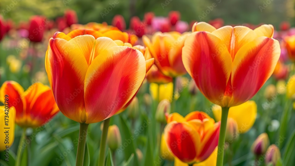 Fototapeta premium Tulip Field in Full Bloom – Red and Yellow Flowers with Gradient Petals in Dense Garden Setting, Nature, Floral, Spring, Beauty, Landscape, Renewal