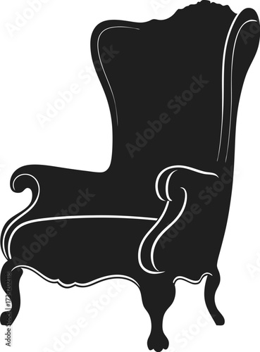 Black silhouette of an ornate wingback armchair with carved details on a white background