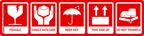 fragile warning set in red and white. sticker for packaging. handle with care, keep dry, this side up label.