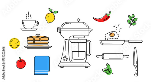 Whisk with ingredients like pancakes, apple, lemon, chili pepper, and herbs, isolated on transparent background, vector illustration