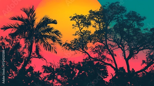 Tropical sunset palm trees vibrant sky nature background