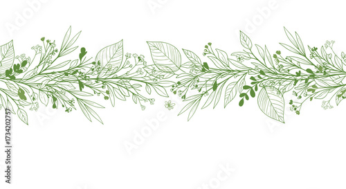A delicate and elegant green floral garland border design with leaves and small blossoms for a natural touch.