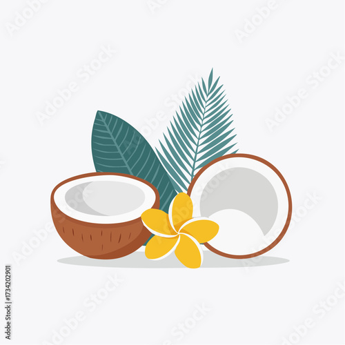 Illustration of two halved coconuts with white flesh, accompanied by a yellow flower and tropical green leaves.