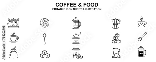 Editable Icons Set Illustration of Coffee and Food Items, Beverage and Sweet Treat Graphics