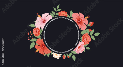A beautiful floral wreath with a blank circular frame in the center on a dark background.