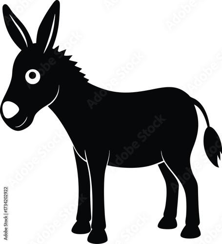 Black silhouette of a cartoon donkey with large ears standing on a white background
