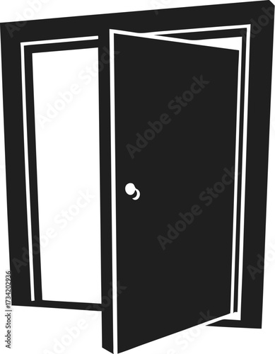 A black open door with white trim against a white background viewed from a low angle