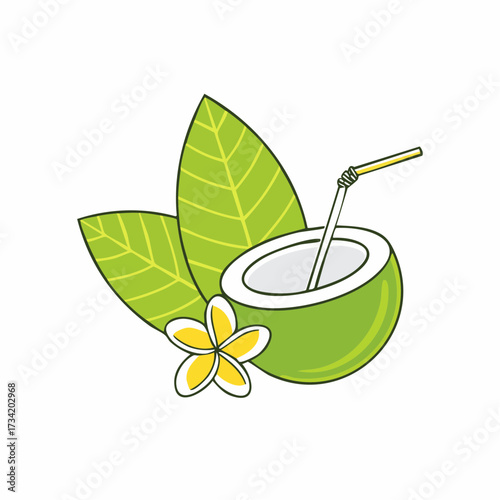 Illustration of a halved green coconut with a straw, accompanied by two leaves and a frangipani flower, on a white background.