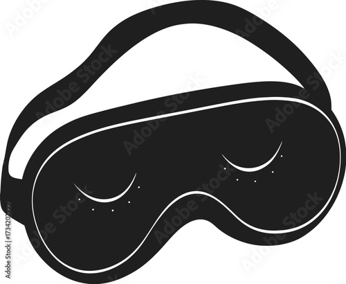 Black sleep mask with closed eyes and eyelashes isolated on white background