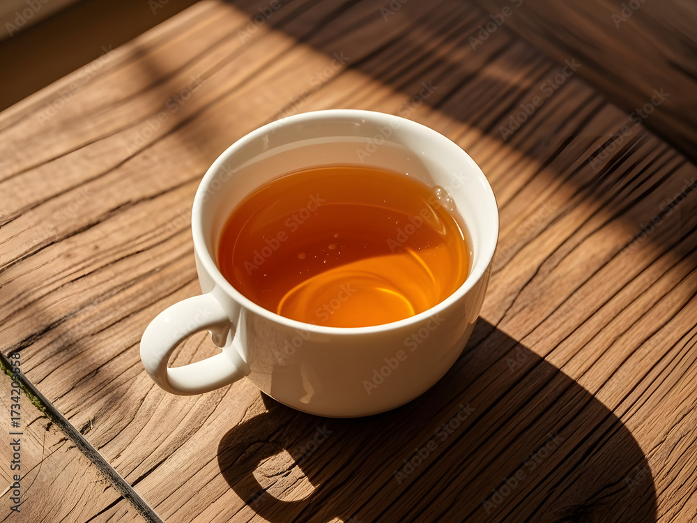 Obraz premium White Mug with Orange Tea on Wooden Table