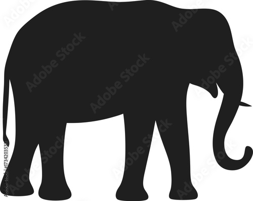 Silhouette of a standing elephant in profile against a white background
