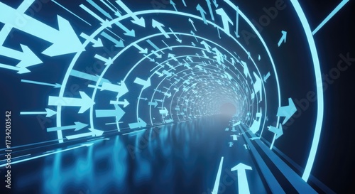 Abstract blue neon tunnel with directional arrows creates a futuristic perspective effect