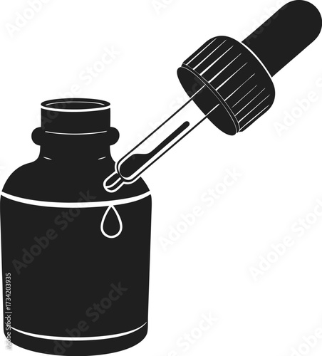 Black silhouette of a glass dropper with a drop of liquid suspended above an open bottle