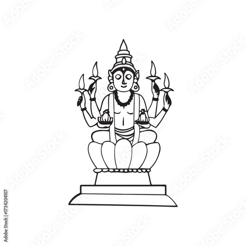 Lord Brahma Seated on Lotus with Multiple Arms Holding Lamps