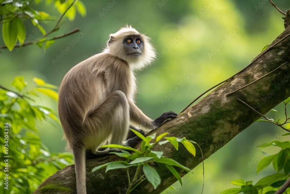 Fototapeta premium Monkey in Forest – Primate Perched on Mossy Branch in Lush Green Habitat, Nature, Conceptual, Abstract, Wildlife, Ecology, Environment