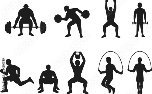 Fitness silhouette collection, weightlifting poses, gym workout illustration, strength training vector, exercise movement icons,