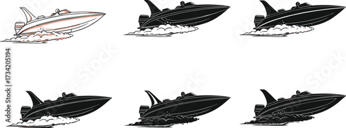 Speedboat illustrations, black and white watercraft graphics, motion splash scenes, boat design variations, silhouette, marine transport