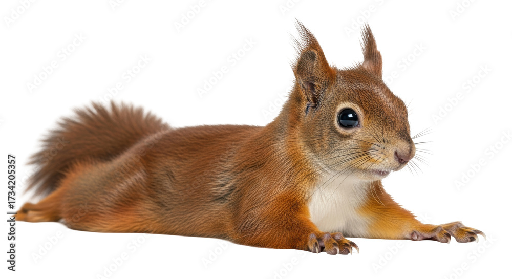 Obraz premium Isolated red squirrel posing while laying down with cute expression on a clear background