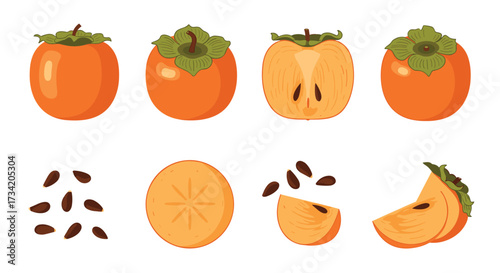 A selection of ripe orange persimmon fruits shown whole halved and sliced with scattered seeds and green stems.