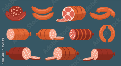 Collection of various types of sausages and cured meats in a flat design.