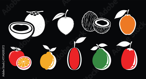 A vibrant collection of tropical and common fruits including apples oranges and coconuts.