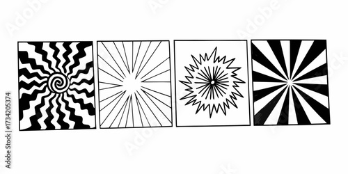Four square panels displaying radiating designs including spiral, lines, burst, and black and white rays on transparent background