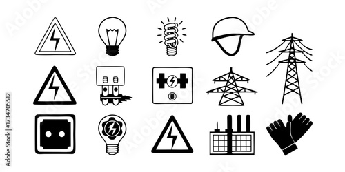 Illustration of electrical symbols including light bulbs, power lines, and safety equipment in black and white on transparent background