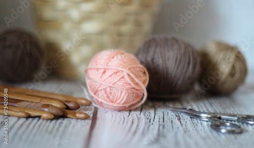 Clews balls of yarn wool and crochet hooks and a basket photo 